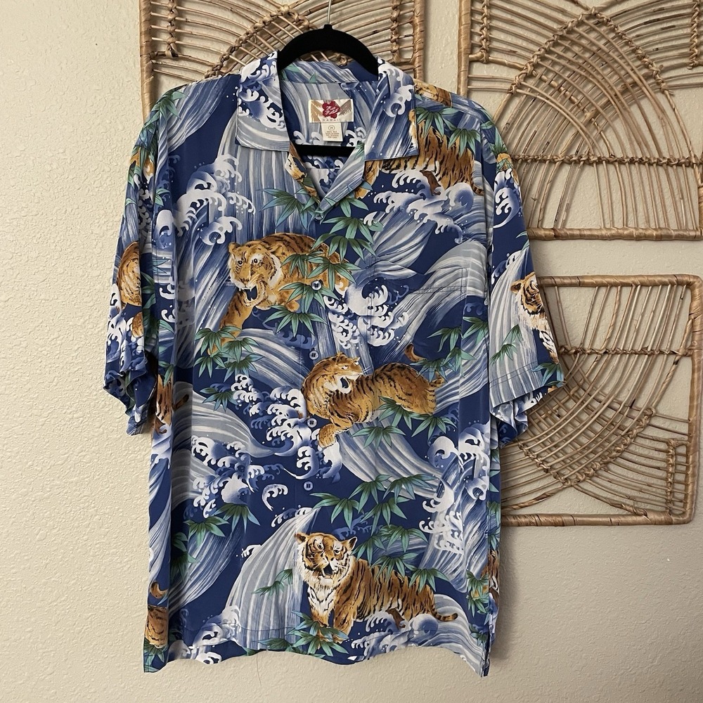Hilo Hattie 100% Silk Hawaiian Shirt Tiger Waves Asian Tattoo Men's‎ M READ B41